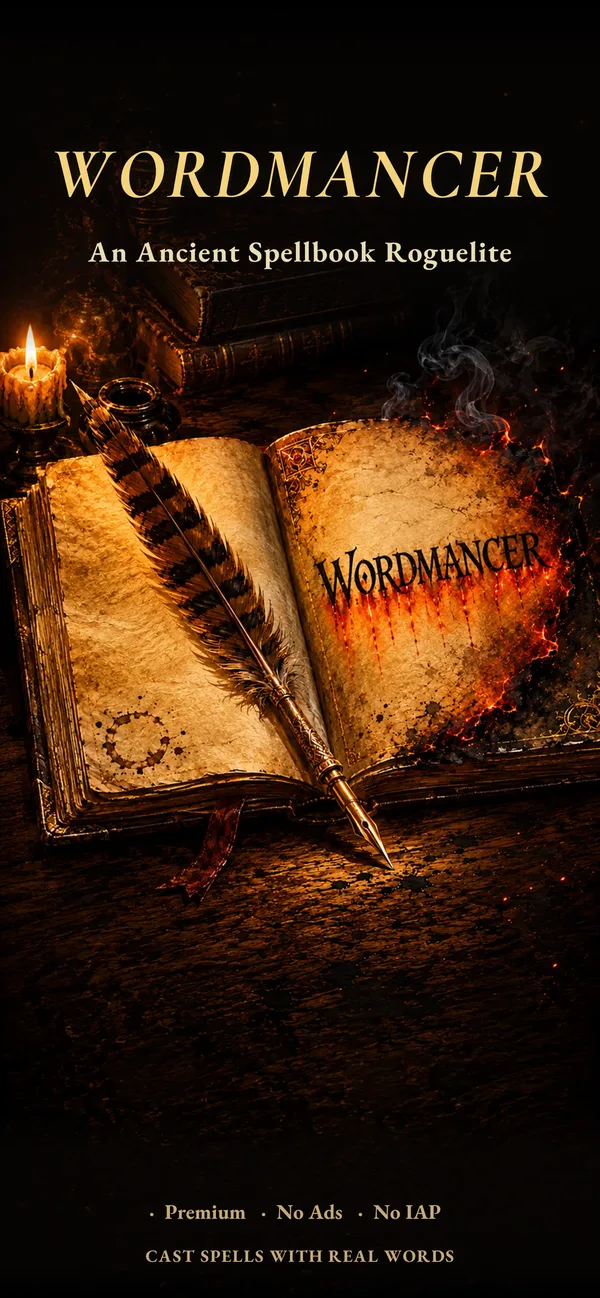 Wordmancer title screen, a gilded spellbook on dark parchment